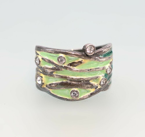 9901716-d 925er Silber Ring Jugendstil Swarovski-Steine Gr.53 floral emailliert