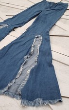 Boho Vintage High Waist Flared Slit Bell Bottom Jeans Hippie Denim Pants 5 26
