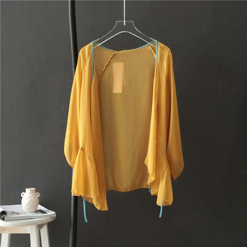 Damen Chiffon Kimono Cardigan Jacke halbtransparent Schnürung Rüschen Freizeit Sommer Top - Bild 17 von 18