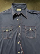 True Vintage JCPenny 70s Polyester Dagger Collar Button Up Shirt, Navy, Size: XL