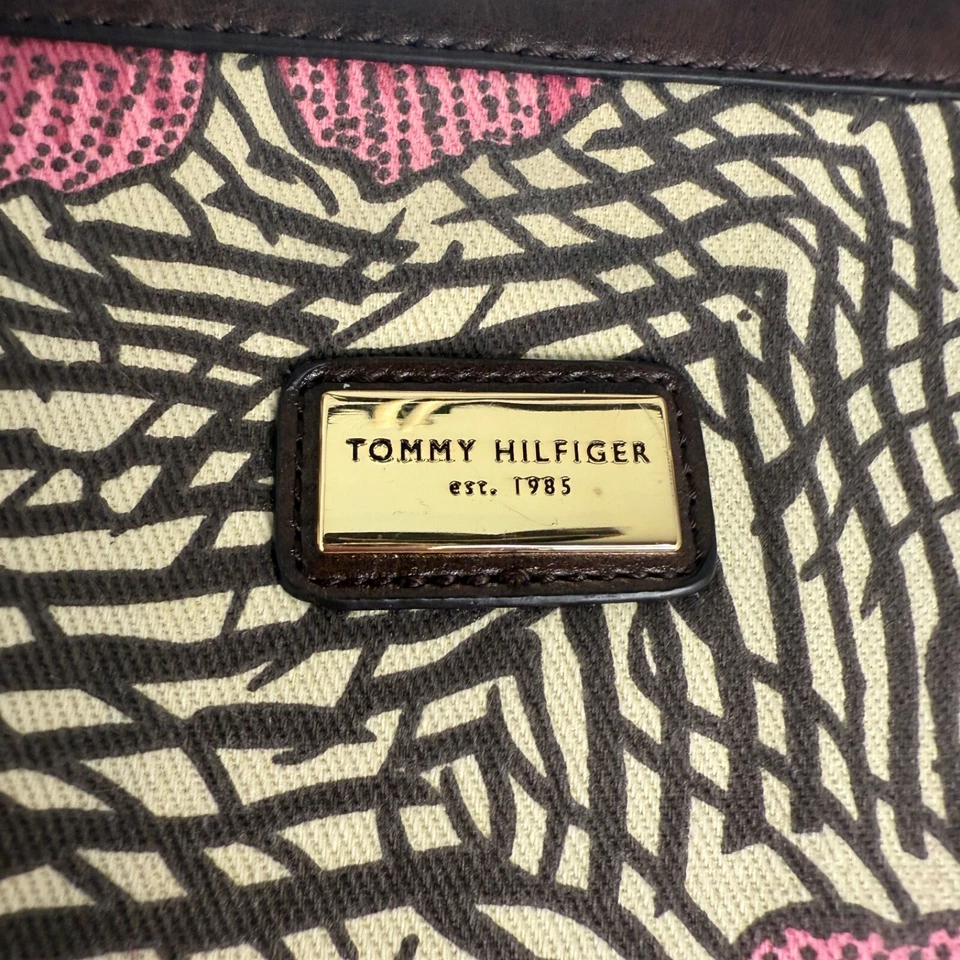 Bolso Tote de Lona Floral Rosa Tommy Hilfiger con Acentos de Cuero Marrón 17"x10"x5" EUC- Foto 4 de 4