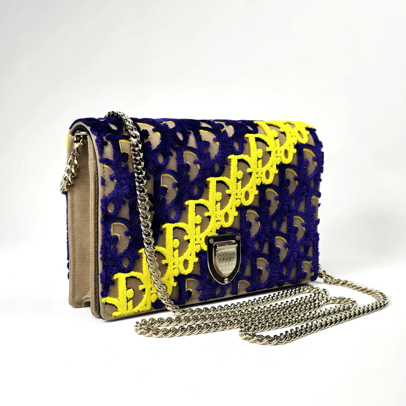 Neuf DIOR Diorama Club Portefeuille sur Chaîne WOC Sac à Rabat Toile Velours Bleu Jaune