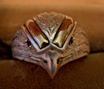 925 STERLING SILBER ADLER RING MIT GOLD UND RUBIN AUGEN GRÖSSE 11 1/2 ~ 6 GRAMM