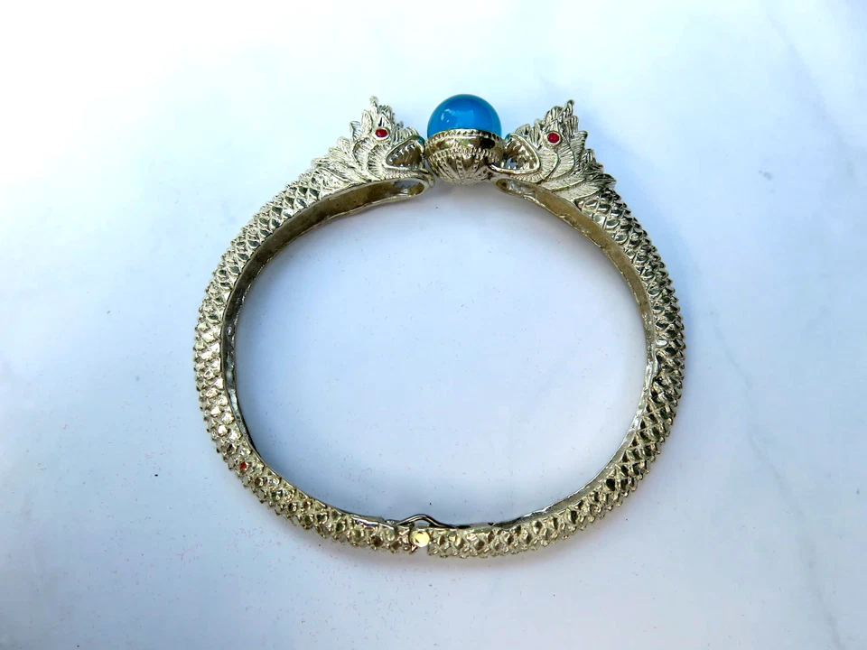 Dragon Naga Bangle Bracelet 925 Sterling silver Silver Pink Ruby Eyes Blue stone - Image 2 of 4