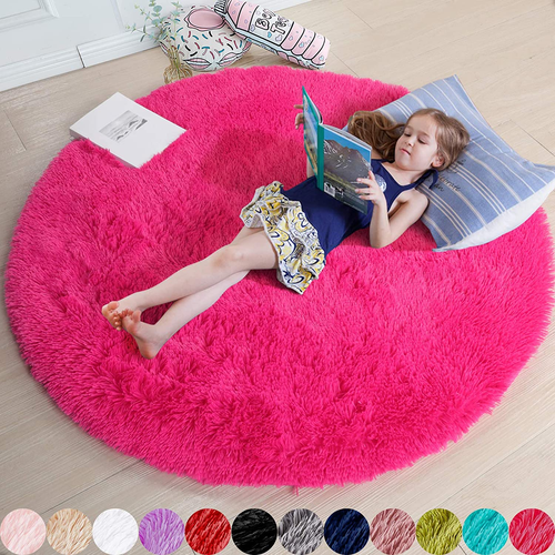 Hot Pink round Rug 4Ft for Girls Bedroom, Fluffy Circle Area Rugs for Kids Room