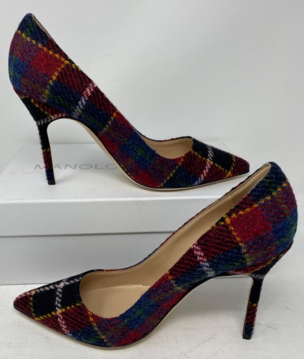 Manolo Blahnik BB 105 Pointy Toe Pump Wool Plaid Check Tartan