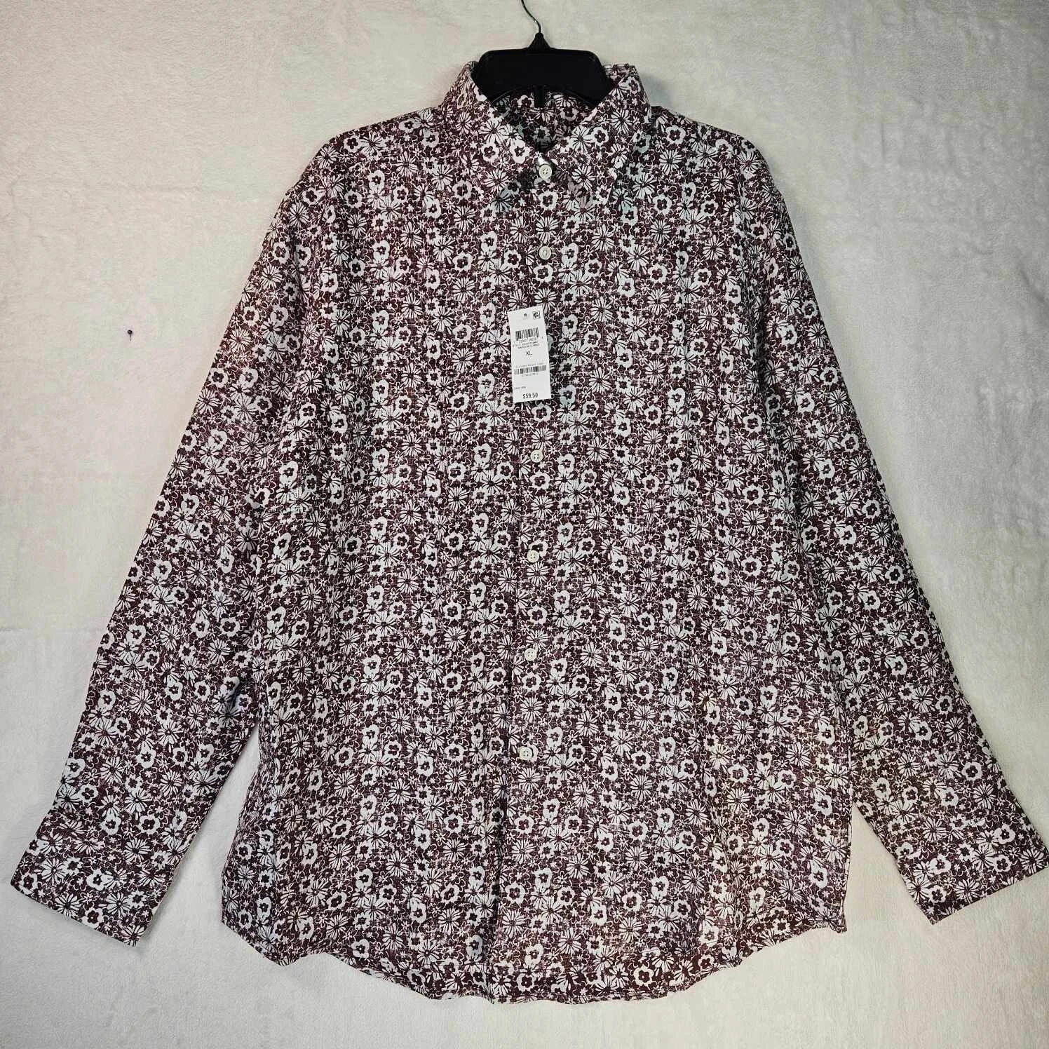 Tasso Elba Afara Flora Linen Shirt Mens X-Large Long Sleeve Maroon