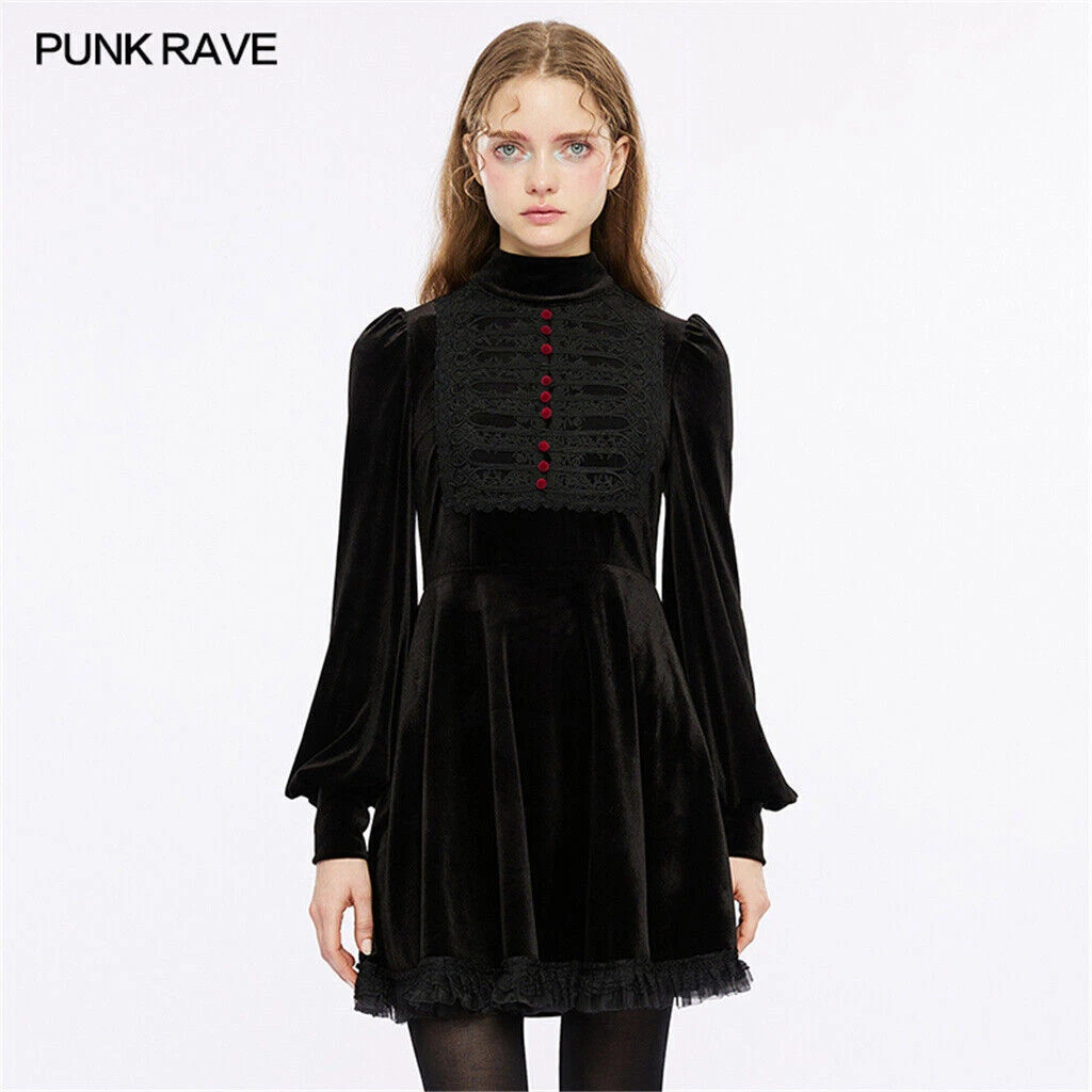 Punk Rave Black Gothic Cute Lace Embroidered Velvet Long Sleeve