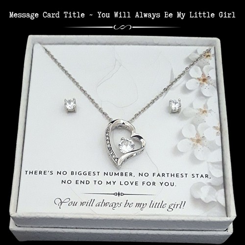 Gift From Dad -14k White Gold Finish Necklace/Solitaire Earring Set- Card