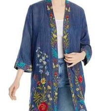 Johnny Was Kimono Provence Denim Blue Embroidered Jacket LARGE NWOT