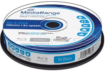 10 Mediarange Rohlinge Blu-ray BD-R full printable 25GB 6x Spindel