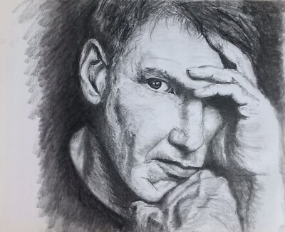 Original Pencil Drawing, Unmounted, Harrison Ford, Head And Shoulders And Hands