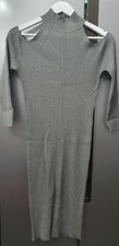 Very Grey Bodycon Midi Jumper Dress Cold Shoulders Ribbed Knit UK12 EU40 US10