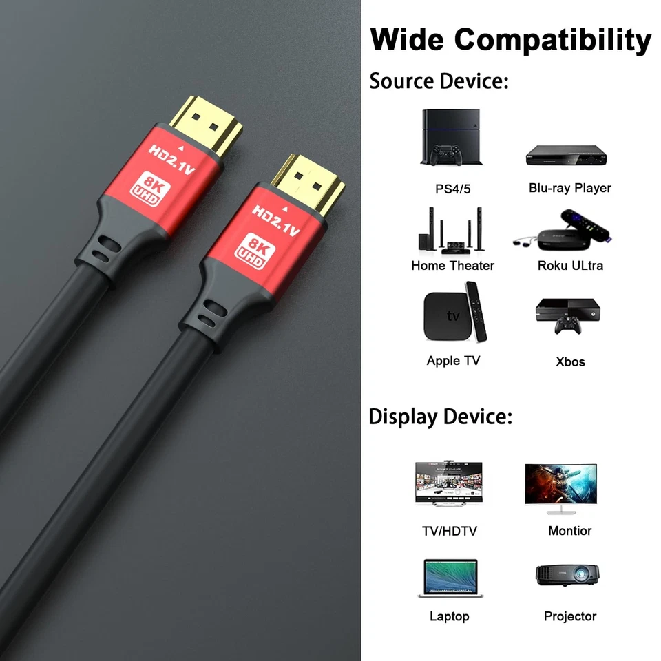 High Speed 8K 60Hz HDMI 2.1 Cable 3ft 48Gbps 4K 120Hz Cord HDR eARC PS5 Xbox Red - Image 2 of 4