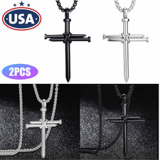2Pcs Nail Cross Pendant Necklace Chain Stainless Steel Christ Mens Silver Black