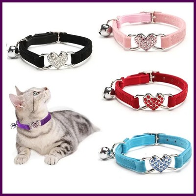 Heart Charm and Bell Cat Collar Safety Elastic Adjustable with Soft Velvet