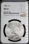 1924 Peace Dollar- Silver- NGC MS 63- Lustrous- No Reserve #SLA872