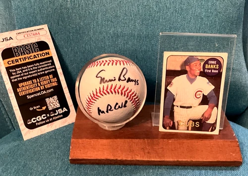Ernie Banks Signed Baseball JSA COA HOF + Card inscribed MR Cub on LL ball !!