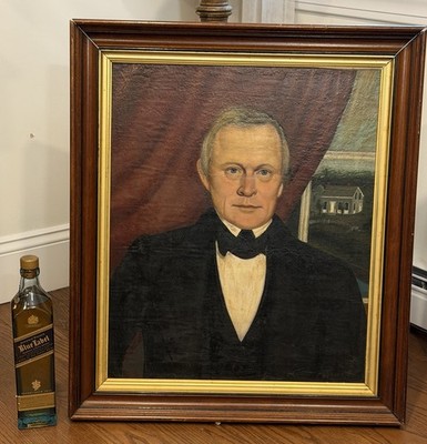 Antique Early 20thC Oil Painting Masonite GENTLEMAN NICELY DRESSED Framed
