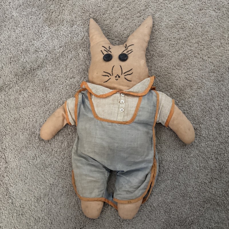 Antique Cat Plush Rag Doll Primitive Folk Art Embroidered Kitten Stuffed 21”