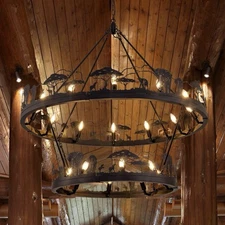 Farmhouse Rustic Wagon Wheel - 2 Tier Pendant Chandelier 40 Inch 24 Light