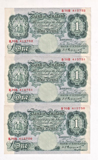 3 CONSECUTIVE UK £1 BANKNOTES 1948 PEPPIATT P24