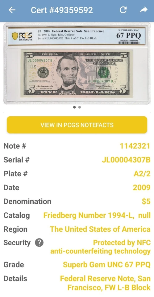 2009 $5 LOW 4 DIGIT SERIAL NUMBER FIVE OF KIND 00004307 PCGS 67 SUPER GEM UNC #1 - Image 3 of 4