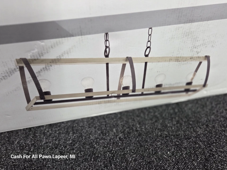 Kichler Gartin 36” 5-Light Linear Chandelier Weathered Zinc/White Washed Wood - Image 2 of 2