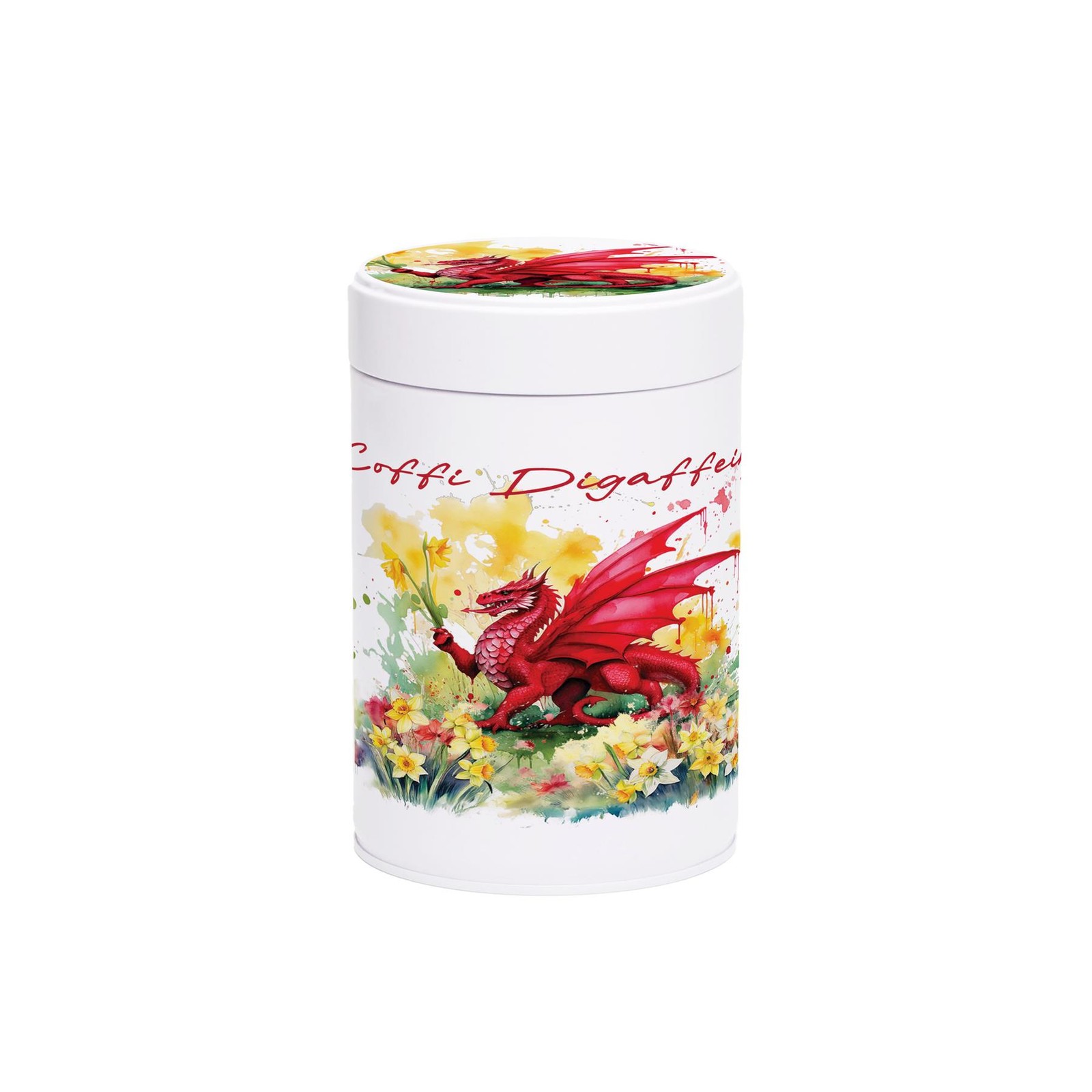 Welsh Dragon & Daffodils Coffi Digaffein Canister - Wales Souvenir Storage Gifts