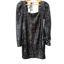 Black Sequin Long Sleeve Bodycon Dress Square Neck Puff Shoulder Party Cocktail