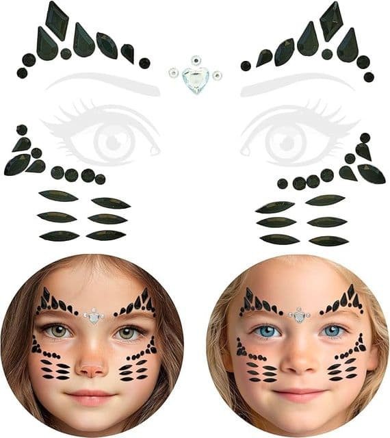 Childrens Black Cat Face Jewels Stickers Halloween Fancy Dress