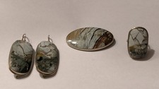 Natural Stone Ocean Jasper Jewelry Set Brooch-Pendant, Earrings, Ring Silver