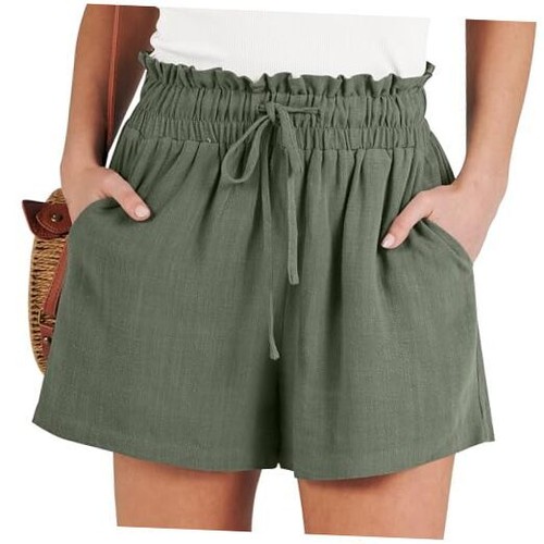 Linen Shorts for Women Casual High Waisted Wide Leg Drawstring Medium Green