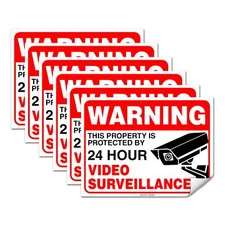 (Set of 6) Warning - 24 HR Video Surveillance Sticker- 3" x 4" - Durable Self...