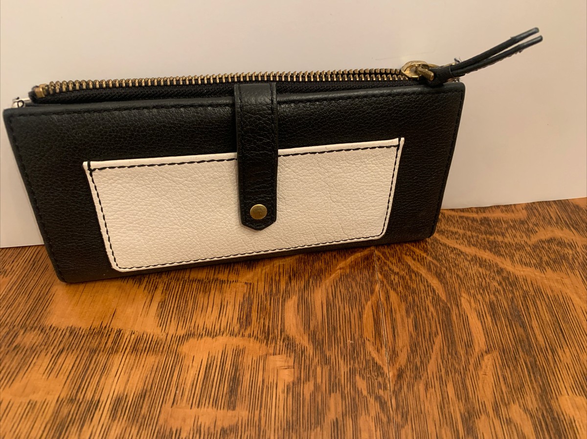 Fossil Tab Wallet Small Clutch Black Off White Leather Bi Fold