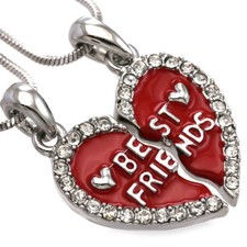 Best Friends Forever BFF Love Heart Two Pendant Necklace Clear Stone Red Enamel