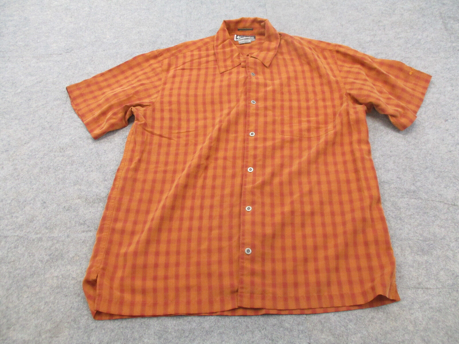 Columbia Shirt Mens Extra Large Orange Plaid XCO Short Sleeve Fishing Button Up