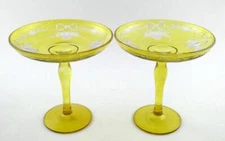 Antique 1900s Era Pair of Yellow and Clear Glass Compotes Swags Baskets VGOOD