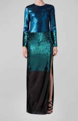 $5990 Akris Women's Blue Sequined Colorblock Column Gown Dress Size 6