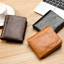 Cowhide Leather Men's Trifold Wallet RFID Blocking Card Holder Zipper 3 Colors