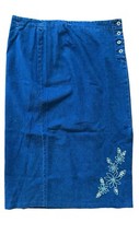 Deadstock 90s Vintage Denim Linen Midi Skirt Blue Floral Embroidery Size: 14