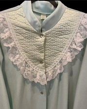 VTG Robe House Coat Women's 1X Snap Front Lace Aqua Made In USA Granny Core