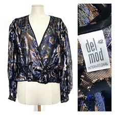 Vintage Del Mode buntes Disco Lurex Langarm Wickel Top 42EU 12/14UK M/L
