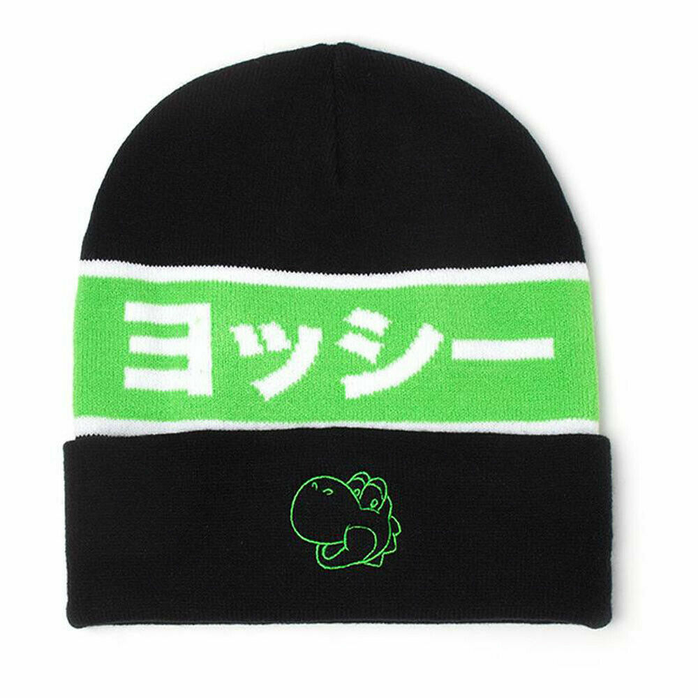 OFFICIAL NINTENDO SUPER MARIO BROS YOSHI JAPANESE TEXT OUTLINE BLACKCUFF BEANIE