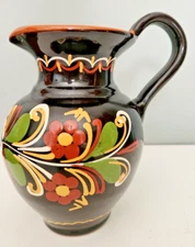 Hand Painted  Pottery Ceramic Creamer Pitcher Vase Floral 6.5'' Vintage