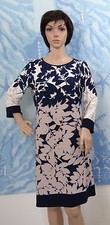 MSK navy/tan ivory Floral Placement Border Shift 3/4 sleeve jersey Dress,S