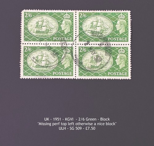 UK - 1951 - KGVI - 2/6 Green - Block - ULH - SG 509
