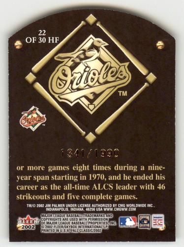2002 Fleer Fall Classic Hall of Fame Plaques Jim Palmer /1990 #22HF - Picture 2 of 2