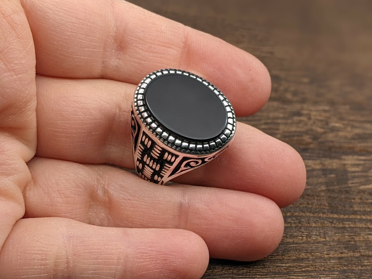 Black Onyx 925 Silver Ring(サイズ調節リング, 2 COLOR) Mens 925 Sterling Silver Ring Size 10.5 Black Onyx Handmade