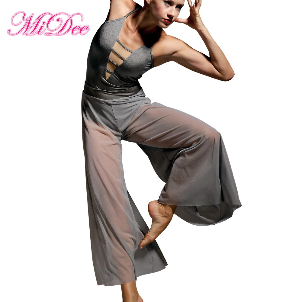 2 Piece Dance Outfit Contemporary Costume Leotard Mesh Culotte Bodysuit Clothes
